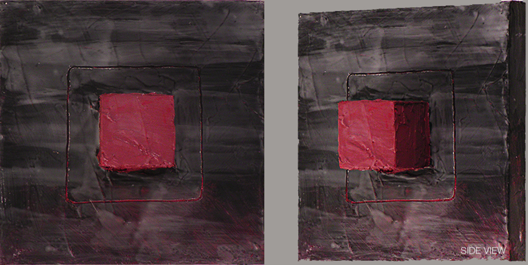 Title: TAR PITS OF SIDDIM 2, Aka, THE PANDEMIC Series: Cube Worlds; Size: 12 x 12 x 3.5 inches; Med: Oil, encaustic, balsa wood, on canvas; Year: 2012