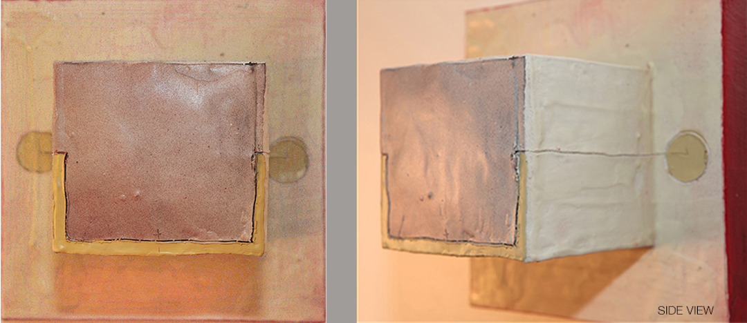 Title: ONE CHANCE TO CHANGE, V2; Series: Cube Worlds; Size: 8 x 8 x 6 inches; Med: Oil, encaustic, form-core, on canvas; Year: 2012