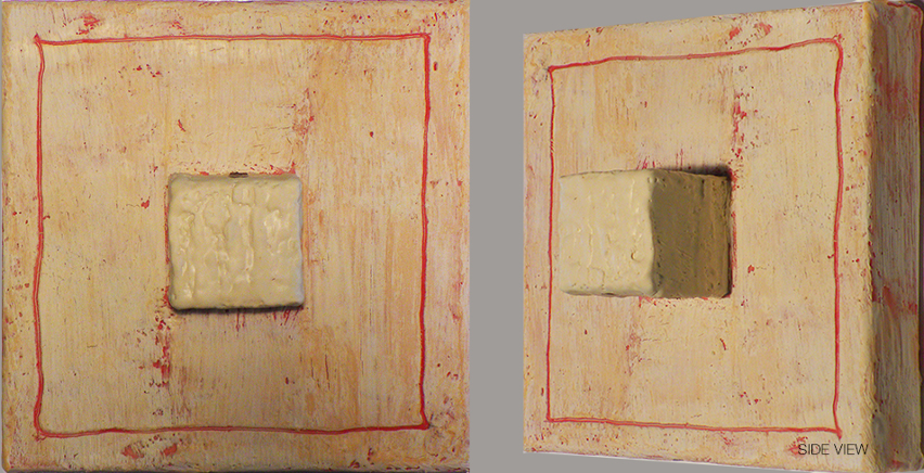 Title: ONE CHANCE TO CHANGE; Series: Cube Worlds; Size: 8 x 8 x 3.5 inches; Med: Oil, encaustic, balsa wood, on canvas; Year: 2012